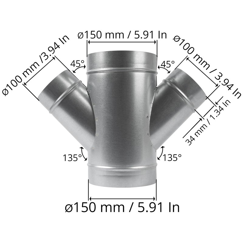 6" Inch to 4" inch Branches W-Shape Ducting Splitter -