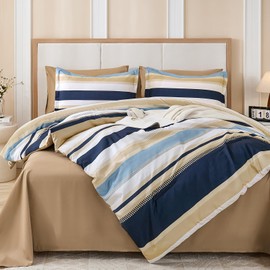 WONGS BEDDING King Size Comforter 7 Pieces, Khaki and Blue King Comforter Set with Sheets, Striped Bed in a Bag Boho Lightweight Bedding Set for All Seaon (104"x90")