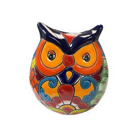Talavera Owl Planter Pot Mexican Pottery Folk Art Cute Hand Painted Multicolor Home Decor Outdoor Indoor 9.25" (P5)