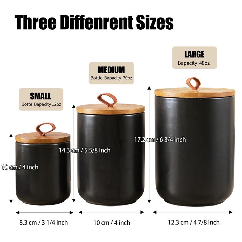 Tenforie Black Canister Sets for Kitchen, 3pcs Ceramic Canisters with