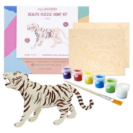 Allessimo - Create + Paint Tiger 3D Puzzles for Kids, Girls and Boys Ages 7 8 9 10 11 12 Year Old. Includes Wooden Model Kit, Brush and Paint Supplies. Cool Stem Gift for Kids and Teenage Art Projects