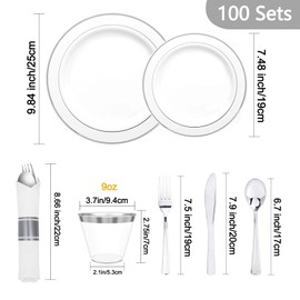 700 Piece Dinnerware Set for Wedding & Party,100 Guest RimPlastic Plates,100 Plastic Silverware,100 Cups,100 Linen Like Napkins (Silver)