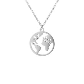 MENDOZZA World Map Women's Necklace World Globe Pendant Stainless Steel Silver Gold Rose Gold Worldmap Necklace 50 cm, Stainless Steel