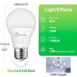 CFMASTER A19 LED Light Bulbs 100W Equivalent, 1500 Lumens Daylight White 5000K, E26 Standard Base A19 Lightbulbs, Non-Dimmable 15W High Bright LED Bulb, ETL Listed(4-Pack)