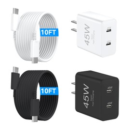 Phone 16 Charger Fast Charging, 45W Dual USB C Charger Block,USB C Wall Chargers with 10FT Long USBC Charging Cable Cord for Phone 16 15 Pro Max/16 15 Pro/16 15,Pad Pro/Air,S25/S24-White+Black