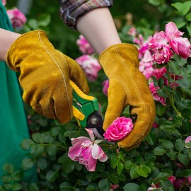BESSTEVEN Leather Gardening Work Gloves: Cowhide Heavy Duty Yard Work Garden Gloves for Transplanting Digging Harvesting 2 Pairs