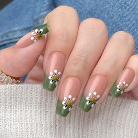 YOSOMMK Press on Nails Medium Square Fake Nail with Flower Designs Nude Green Glossy Full Cover Stick on Nails Acylic Nail for Women and Girls