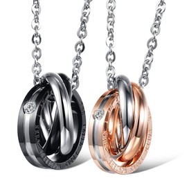 'KIM Johanson Couple Necklaces – Wonderful for Couples Stainless Steel with 3 engraved rings jewellery set with PreciousBags Dust Bag