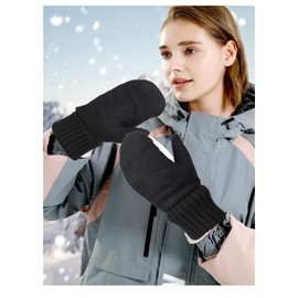 HPONEZJ Women's Winter Gloves Wool Mittens Plush Lining Wool Gloves Double Layer Warm Knitted Gloves Windproof Winter Gloves Women Men Hand Warmers for Outdoor Cycling, black