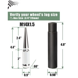 glorider M14x1.5 Spike Lug Nuts, 32pcs 4.4" Chrome Spiked Lug Nut fit for Chevy Silverado GMC Sierra 1500 2500 3500, Ford F150 F250 F350 8 Lug Aftermarket Wheel, 14x1.5 Spike Lugs with 1 Socket Key