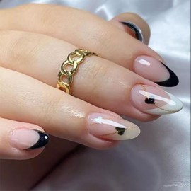 Valentine's Day Press on Nails Medium Almond Fake Nails Black Heart False Nails with Designs French Tip Acrylic Glossy Full Cover Glue on Nails Cute Artificial Stick on Nails for Women Manicure 24 Pcs