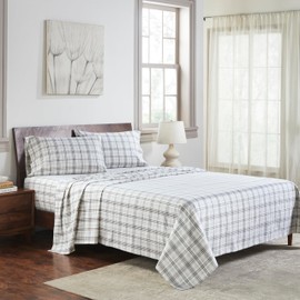 Superior Plaid Flannel Cotton Sheet Set, Fuzzy Warm Sheets, Rustic Farmhouse Bedding, Basics, Includes; 1 Flat Sheet, 1 Elastic Deep Pocket Fitted Sheet, 2 Pillowcases, King, Charcoal