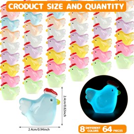 CCINEE 64pcs Luminous Mini Chicken Miniauter Figures, 8 Colors Tiny Chickens Miniature Glow in The Dark for Dollhouse, Micro Landscape, DIY, Home Outdoor Party Decor
