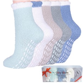 Toes Home Cuddly Socks Stopper Socks Women's 5/6 Pairs Winter Socks Fluffy Socks Non-Slip Socks with Nubs, Warm Bed Socks House Socks 36-42, 5 pairs of cold colours