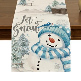 Let It Snow Blue Snowman Winter Christmas Table Runner 13x72 Inch Seasonal Xmas Trees Kitchen Dining Table Decor for Indoor Outdoor Farmhouse Home Party Decoration ZQ71