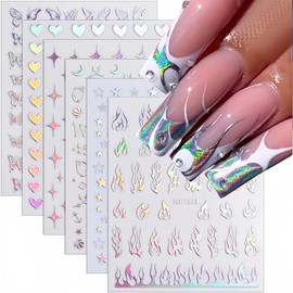 Heart Butterfly Flame Stars Nail Stickers for Nail Art 6 Sheets 3D Self-Adhesive Holographic Heart Butterfly Flame Five-pointed Star Nail Art Design Decals Star Sticker for Acrylic DIY Nail Decoration