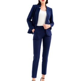 Marycrafts Women's Professional Stand Up Collar Blazer Pant Suits 2 Piece Set Business 10 Navy