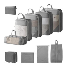 Travel Pouch, Set of 10, Travel Storage Pouch, Clothes Storage, Shoe Bag, Cosmetic Pouch, Toiletry Pouch, Lightweight, Compact, Convenient Travel Goods (Gray)