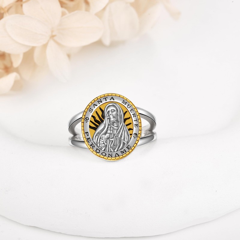 ONEFINITY Santa Muerte Ring 925 Sterling Silver Santa Muerte Rosary