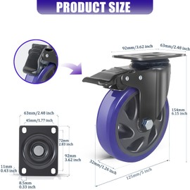 5 Inch Caster Wheels with Brake, Heavy Duty Casters Set of 4 2200lbs, Swivel Casters with Double Ball Bearings, Dual Locking Casters,Wheels for Cart,Furniture,Cabinets,Workbench (Two Hardware Kits