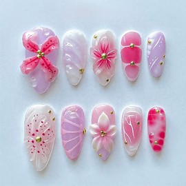 30Pcs Pink Flower Press on Nails Medium Almond Fake Nails with Gold Pearl Rhinestones Handmade False Nails Lily Floral Stick on Nail Gradient Pink Acrylic Nails 3D Cute Glue on Nail for Women