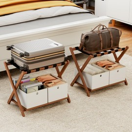 oakvivo Fully Assembled Walnut Luggage Racks Set of 2 with 4 Storage Boxes, 26.77" Bamboo Luggage Rack Stand for Guest Room, 5 Nylon Straps, Folding Suitcase Stand with Storage Shelf for Bedroom Hotel