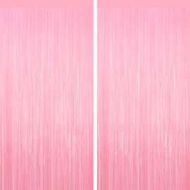 Pastel Pink Tinsel Backdrop Foil Fringe Curtains - 2 Packs Door Streamers Backdrop for Birthday Door Decorations, Party Supplies for Wedding Anniversaries, Christmas, Valentines Day Decorations