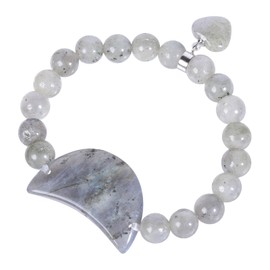 mookaitedecor Natural Labradorite Moon Healing Crystal Stretch Beads Bracelet for Women Girls, Semi Precious Gemstone Love Heart Charm Bracelet Jewellery Gift for Mum Wife Chakra Reiki Energy Bangle