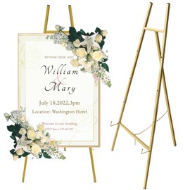 43.5" Gold Easel Stand for Sign,4-Level Height Display Easel with Adjustable chain,Easy-to-Install Metal Easel for Painting,Wedding Sign,Poster,Commercial Display