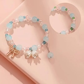 1pc Adorable Sweet Lily Of The Valley & Bow Charm Beaded Bracelet, Gift For Student, Best Friend, Birthday Gift, Gradient Color Bracelet (BLUE)