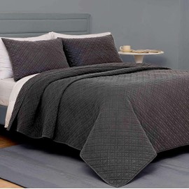 DOWN HOME Queen Quilt Bedding Set with Shams, Lightweight Bedspread Coverlet Thin Comforter Bed Cover Soft Quilted Blanket Spring Summer All Season, Brushed Diamond Stitching, Dark Grey, 88"x92"