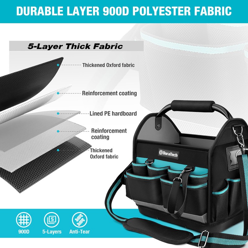 DURATECH 12 Inch Tool Tote with Waterproof Hard Bottom, Electrician