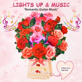 Pop Up Valentine’s Day Card with Light & Music, 12 Inch Paper 3D Rose Bouquet Greeting Card with Envelop, Happy Valentines Day Cards for Wife, Popup Valentines Day Card Gifts for Her Women Girlfriend