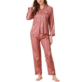 cheibear Womens 2023 Satin Pajamas Stripe Nightshirt Button Down with Pants Lounge Set Pink M