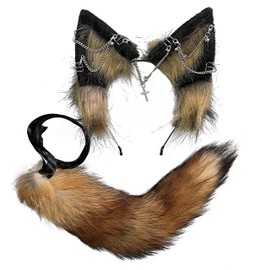 VIGVAN Wolf Ear Headband and Tail Set Fluffy Plush Wolf Cosplay Costumes (Brown Black)