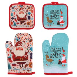 HEMOTON Set of 2 Oven Gloves, Pot Holder Set, Christmas, Heat Resistant Oven Gloves for Kitchen, Baking, Barbecuing, Cooking