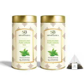 SIPS BOTANICA Pure Darjeeling Green Tea Bags | 60 Teabags Packed in 2 Tins | Premium Quality Full Leaf Green Tea | Plant-Based, Biodegradable Pyramid Tea Bags