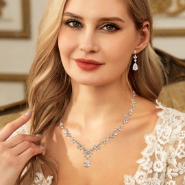 EVER FAITH Wedding Jewelry Set for Brides Bridesmaid, White Gold Plated Floral Marquise Cubic Zirconia Bridal Necklace Dangle Earrings Set for Women