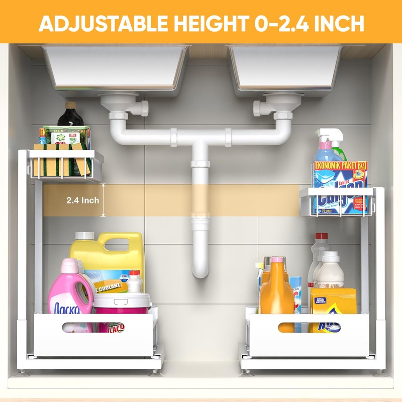 2 Pack Under Sink Organizer Storage 2-Tier Premium Metal Pull-Out
