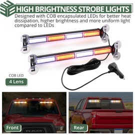 EYPINS 2 in 1 Emergency Dash Strobe Light Bar, 2×17.3'' Amber/White COB 144LED Front/Rear Windshield Visor Safety Warning Flashing Hazard Lights for Trucks Construction Fire Vehicles