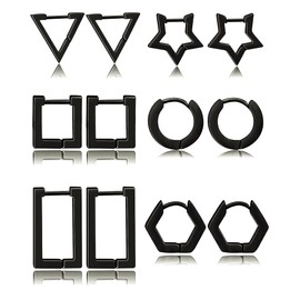 Ofeiyaa 6 Pairs Minimalist Hoop Earrings Stainless Steel Small Dainty Geometric Square Triangle Star Rectangle Huggies Earrings for Women Ladies Black Tone