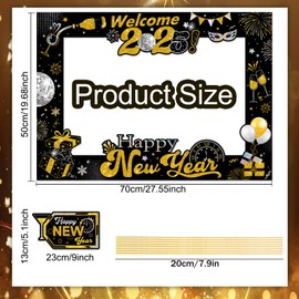 Qpout 2025 Happy New Years Photo Booth Props with Frame,Funny Disco New Years Eve Party Selfie Props for 2025 New Years Party Favor Supplies Decorations（31pcs）