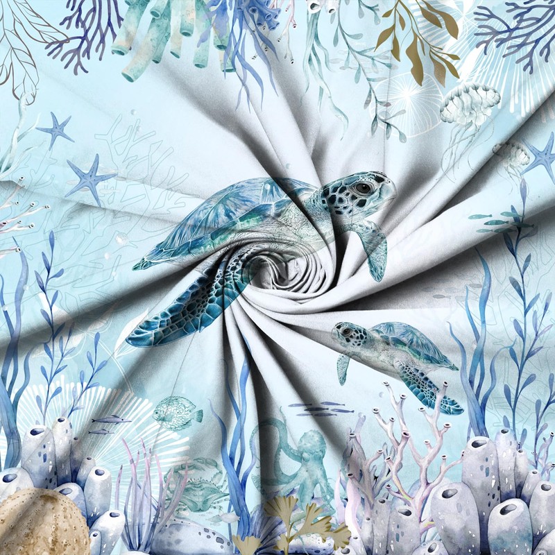 Caheansi Sea Turtle Shower Curtain, Teal Blue Ocean Beach Coastal