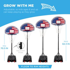 Best Choice Products Kids Height-Adjustable Basketball Hoop, Portable Backboard Set w/ 2 Wheels, Fillable Base, 70.5in to 82.3in Tall - American Flag
