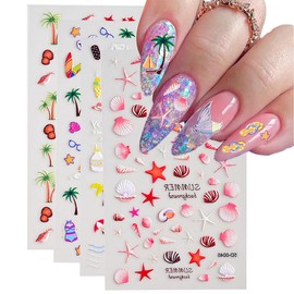 Summer 5D Embossed Ocean Nail Art Stickers Beach Nail Decals Self-Adhesive Nail Stickers Starfish Sea Shell Tree Designs Nail Art Supplies for Women Acrylic Nails DIY Manicure Decorations 4 Sheets