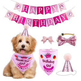GAGILAND Dog Birthday Party Supplies - Bandana Hat Banner Set with Boy & Girl Cute Bow Tie Scarf - Dog Birthday Decorations (Pink, Girl)