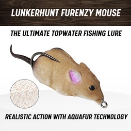 LUNKERHUNT Furenzy Mouse Topwater Lure for Bass, Trout & Pike – 2.5”, 1/2 oz | AquaFur for 15% Water Retention & Realistic Action | Weedless Hook & Soft Rubber Tail for Precision Casting Brown