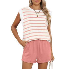 RUBZOOF Lounge Sets for Women Summer Casual Loungewear Two Piece Outfits Short Sets Striped Cap Sleeve Top Shorts Pink Stripe M
