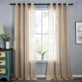 TERLYTEX Gold Sheer Curtains 84 Inches Long, 2 Panels Sparkle Glitter Spray Metallic Sheer Gold Curtains for Living Room, Privacy Grommet Shimmer Taupe Sheer Window Curtains, 52 x 84 Inch, Gold Taupe