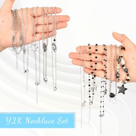 Sureio 10 Pcs Y2K Gothic Necklace Set Silver with Star Teeth and Heart Jewelry Gothic Black Eight Billiards Necklace for Women Emo and Scene Accessories